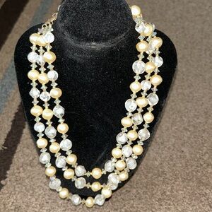Vintage Carnegie 3 Layers Glass Beaded Necklace with Pearls